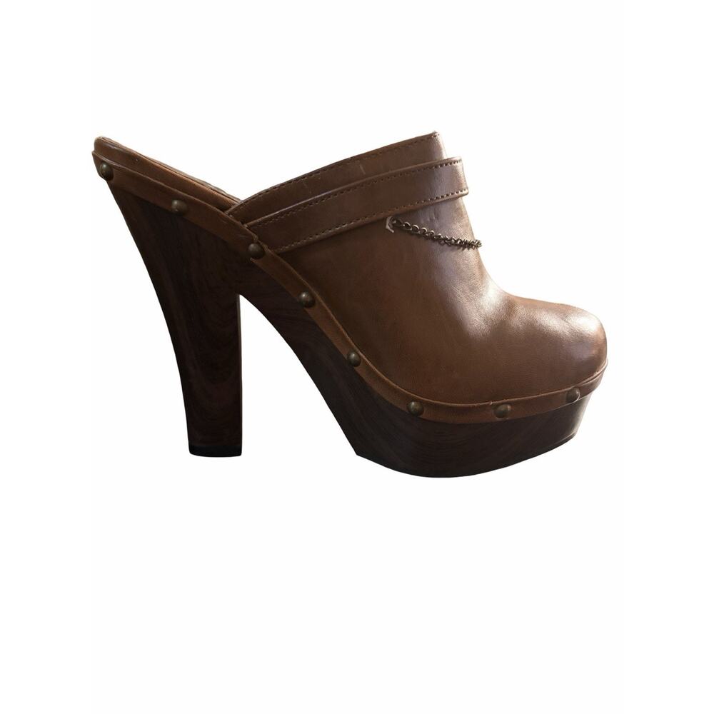 Bucco Brown Leather Platform Clogs Heels Womens 7 Chunky Wood Heel Mule Y2K Boho